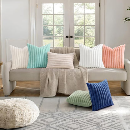 decorUhome Faux Fur Throw Pillow Covers 20x20 Set of 2, Decorative Soft Plush Striped Neutral Euro Pillow Covers with Velvet Back for Bed, Living Room Home Decor, Blush Pink