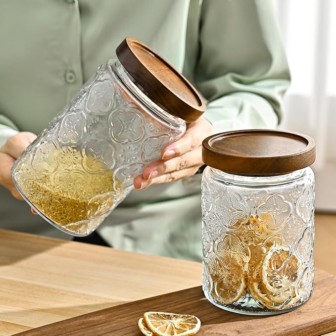 24oz Vintage Glass Canister With Lid Small Glass Jars Wide Mouth Mason Jars Airtight Coffee Canisters Kitchen Storage Containers For Sugar Tea Spice Flour Candy Cookie Cereal Cute Decorative