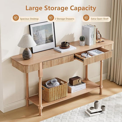 63'' Fluted Console Table with 2 Drawers, 2-Tier Long Entryway Tables with Open Storage, Wooden Narrow Sofa Table Behind Couch, Foyer Accent Table for Living Room, Hallway, Entrance (Natural)
