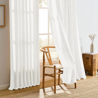White Linen Pinch Pleated Semi Sheer Curtains 2 Panels 144 Inches Long, Back Tab with Hooks, Window Treatment Curtains for Living Room 42 Inch Wide