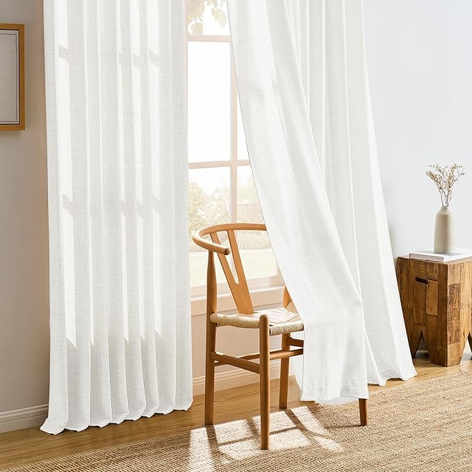 RAIN CITY White Sheer Curtains 92 Inches Long Pinch Pleated with Hooks Light Filtering Window Drapes for Living Room Bedroom Semi Sheer Textured Curtains Back Tab 50 Each Wide