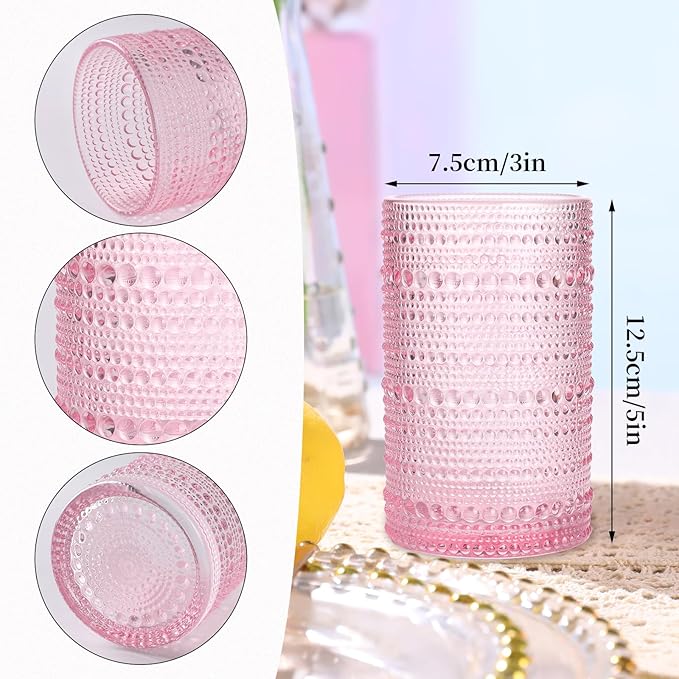 Pink Hobnail Glasses Drinking Set of 4, 12 oz Cocktail Glasses, Pink Vintage Glassware for Beer, Cocktail, Soda, Juice, Coffee and Various Mixed Drinks