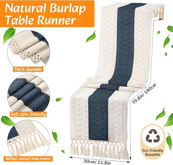 6 Sets Boho Placemats Round Woven Placemats, Cloth Napkins, Wood Bead Napkin Rings, Long Table Runner and Farmhouse Rustic Natural Burlap Cotton for Kitchen Table Home (Blue)