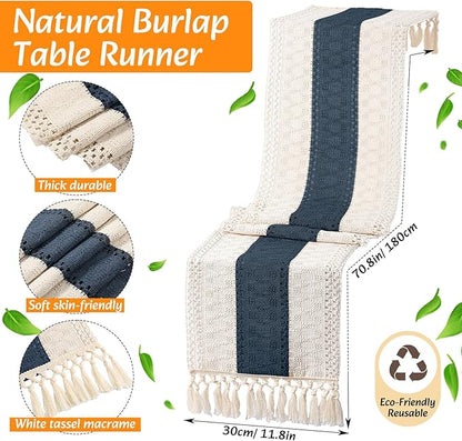 6 Sets Boho Placemats Round Woven Placemats, Cloth Napkins, Wood Bead Napkin Rings, Long Table Runner and Farmhouse Rustic Natural Burlap Cotton for Kitchen Table Home (Blue)