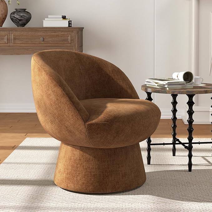 360° Swivel Accent Chair with Curved Back, Modern Brown Chenille Upholstered Round Barrel Chair, Bucket Armchair for Small Space,Living Room, Bedroom