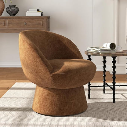 360° Swivel Accent Chair with Curved Back, Modern Brown Chenille Upholstered Round Barrel Chair, Bucket Armchair for Small Space,Living Room, Bedroom