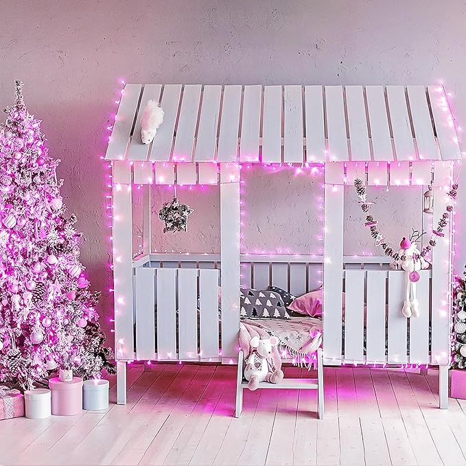 JMEXSUSS Connectable 100 LED Room Lights, 33ft 8 Modes Pink Christmas Lights Clear Wire, Plug in Pink String Lights Indoor Outdoor for Room Decor Christmas Tree Bedroom Valentines Party