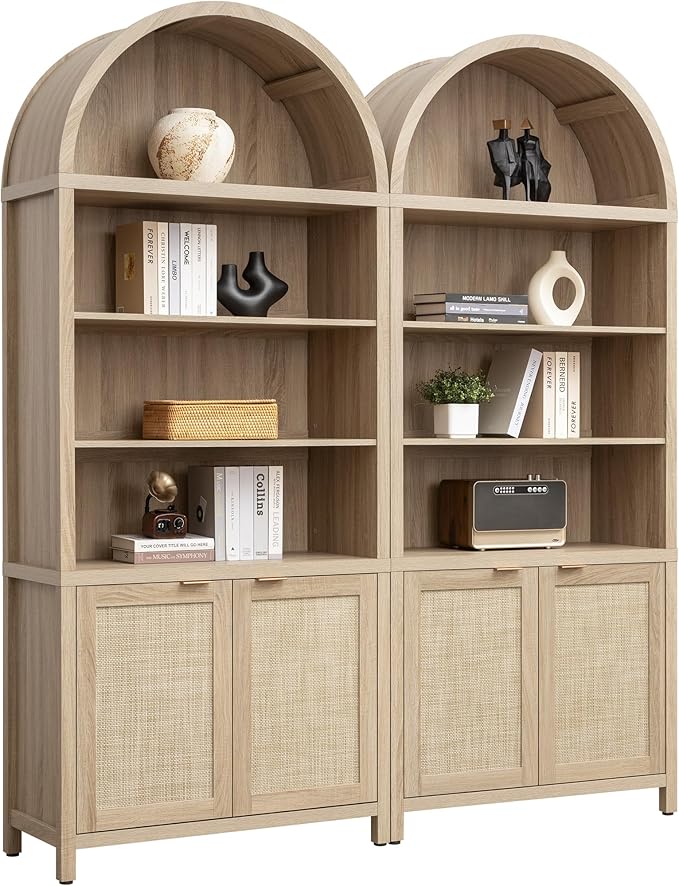 SICOTAS Book Shelf Arched Cabinet Bookshelf Arch 84.2" Tall Bookcase 5 Tier Large Bookshelves with Doors Storage Rattan Boho Wide Book Shelves Case for Living Room Kitchen Office Bedroom Library