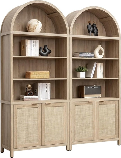 SICOTAS Book Shelf Arched Cabinet Bookshelf Arch 84.2" Tall Bookcase 5 Tier Large Bookshelves with Doors Storage Rattan Boho Wide Book Shelves Case for Living Room Kitchen Office Bedroom Library