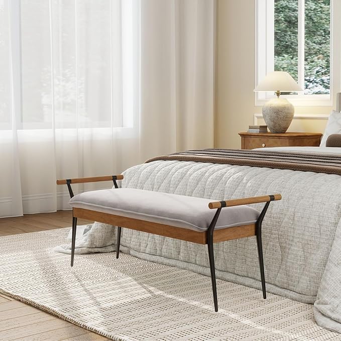 DUOMAY Modern Rectangle Ottoman Bench with Arms and Metal Legs, Mid Century Chenille Fabric Dining Table Bench Footstool Entryway Shoe Bench for Dining Room Bedroom Living Room, Grey