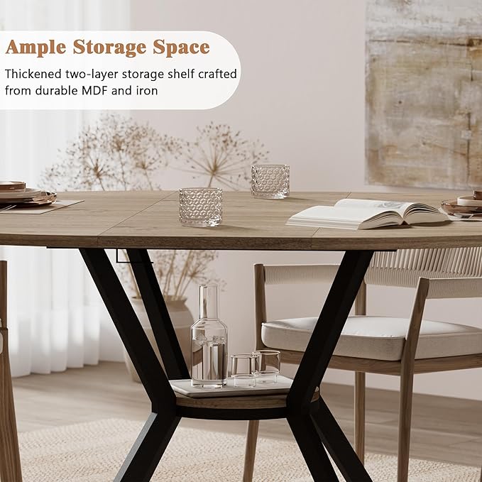 42"-58" Extendable Round Dining Table for 4-6, Kitchen Oval Table with Hidden Leaves & Storage Shelf, Space Saving Modern Design with Sturdy Metal Legs for Kitchen, Dining Room & Small Apartments