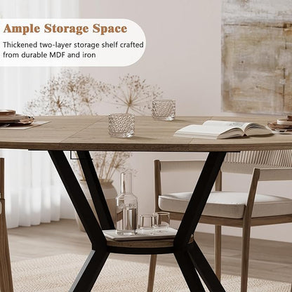 42"-58" Extendable Round Dining Table for 4-6, Kitchen Oval Table with Hidden Leaves & Storage Shelf, Space Saving Modern Design with Sturdy Metal Legs for Kitchen, Dining Room & Small Apartments