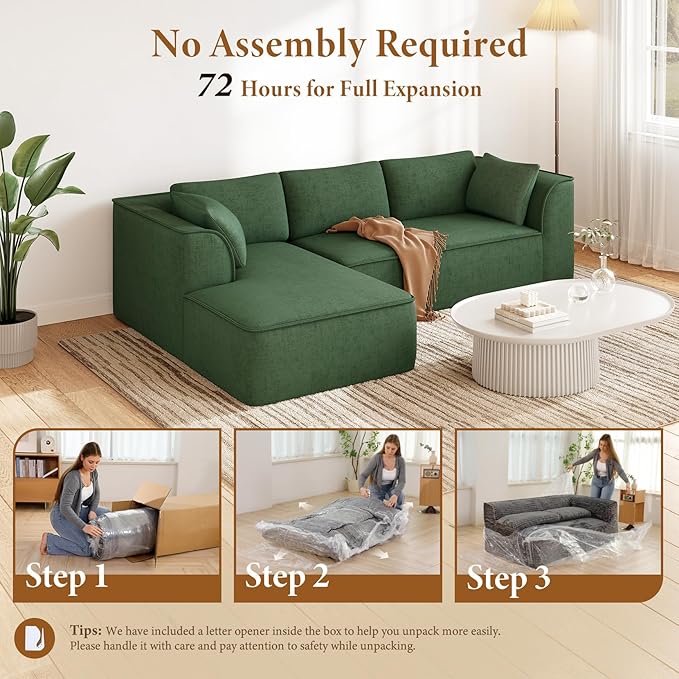 Vesgantti 106" Cloud Couch Sectional Modular Sofa, Deep Seat Comfy Cloud Couch Chenille Sofa Modular Couches for Living Room Bedroom, No Assembly Required (Green, Left-Facing Chaise)
