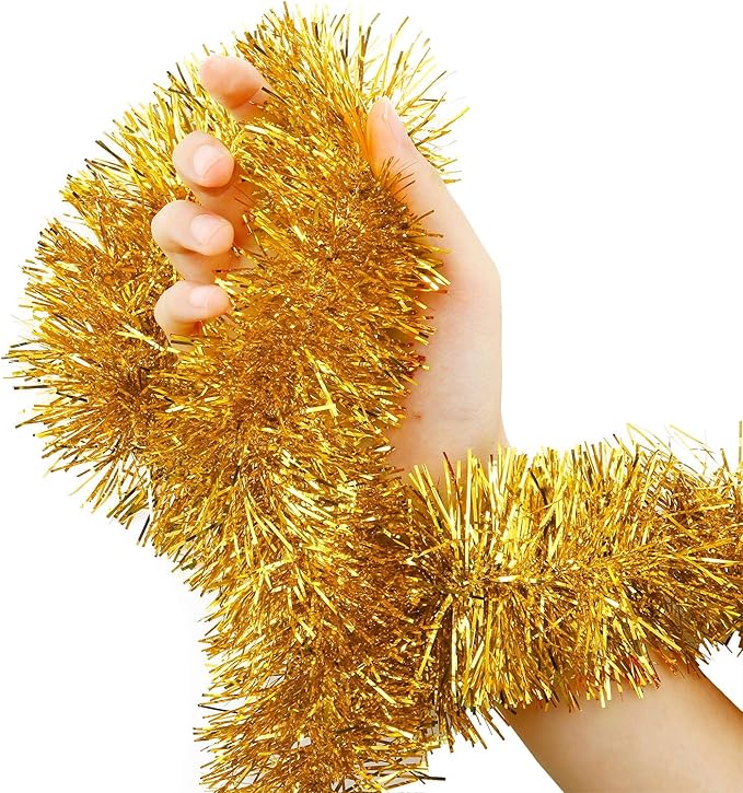 WILLBOND 50 ft Christmas Tinsel Garland Metallic Tinsel Twist Garland Christmas Tree Decorations New Year Wedding Birthday Hanging Decorations Party Supplies, 3 Inch(Gold)