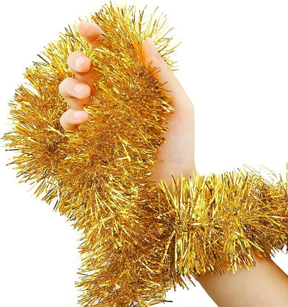 WILLBOND 50 ft Christmas Tinsel Garland Metallic Tinsel Twist Garland Christmas Tree Decorations New Year Wedding Birthday Hanging Decorations Party Supplies, 3 Inch(Gold)