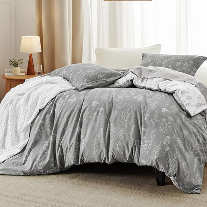 Bedsure Queen Comforter Set - Grey Bed Set, 3 Pieces Cute Floral Bedding, 1 Soft Reversible Botanical Flowers Comforter and 2 Pillow Shams