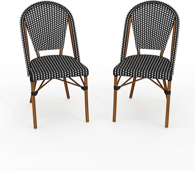 Martha Stewart Lily Pond Indoor-Outdoor Stackable Bistro Outdoor Chairs with Natural Woodgrain Aluminum Frame Finish, Black/White Woven Rattan Backrests/Seats, Set of 2