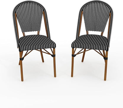 Martha Stewart Lily Pond Indoor-Outdoor Stackable Bistro Outdoor Chairs with Natural Woodgrain Aluminum Frame Finish, Black/White Woven Rattan Backrests/Seats, Set of 2
