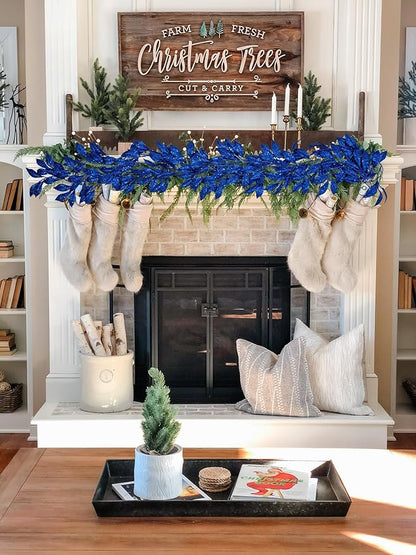 3 Pcs 6FT Christmas Garland Blue Glittered Artificial Magnolia Leaves for Mantle Christmas Tree Decorations Indoor Outdoor Hanging Garland Ornaments Garden Door Wall Window Stair Holiday Home Decor
