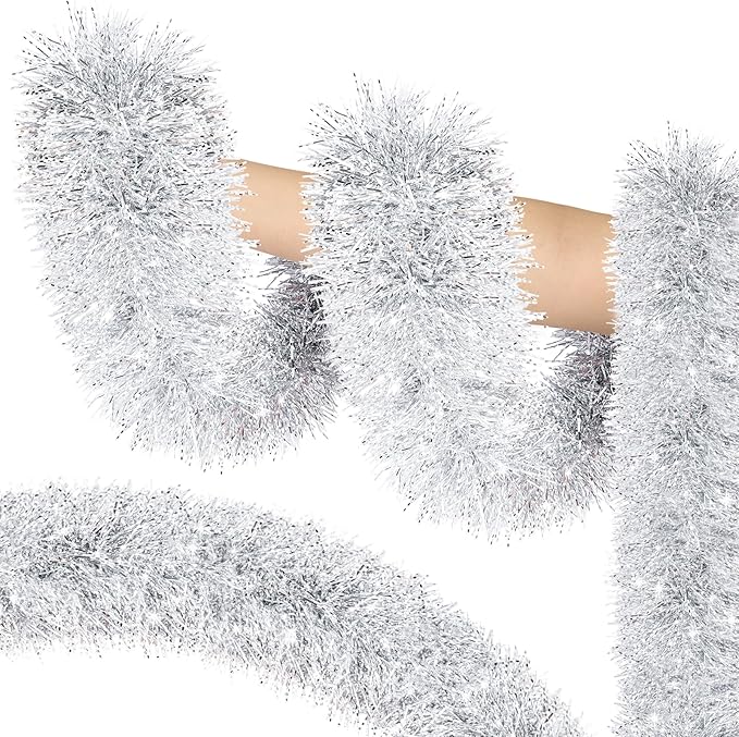 50ft Silver & White Christmas Tinsel Garland - Metallic Tinsel Glitter Twist Garland Hanging Streamers for Indoor/Outdoor Decor Xmas Tree Garlands Decorations