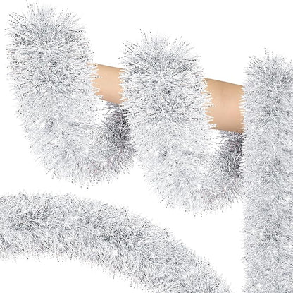 50ft Silver & White Christmas Tinsel Garland - Metallic Tinsel Glitter Twist Garland Hanging Streamers for Indoor/Outdoor Decor Xmas Tree Garlands Decorations