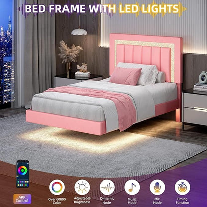 HOMBCK Floating Twin Bed Frame with Smart LED Lights, Faux Leather Upholstered Platform Bed with Diamond Headboard, No Box Spring Needed, Noise-Free, Easy Assembly, Pink