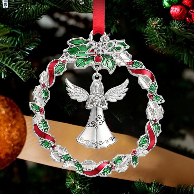 Angel Ornament 2025 for Xmas Tree Decorations Metal Christmas Wreath with Praying Angel Ornaments Silver Decorative Hanging Pendant Holiday Keepsake Gift