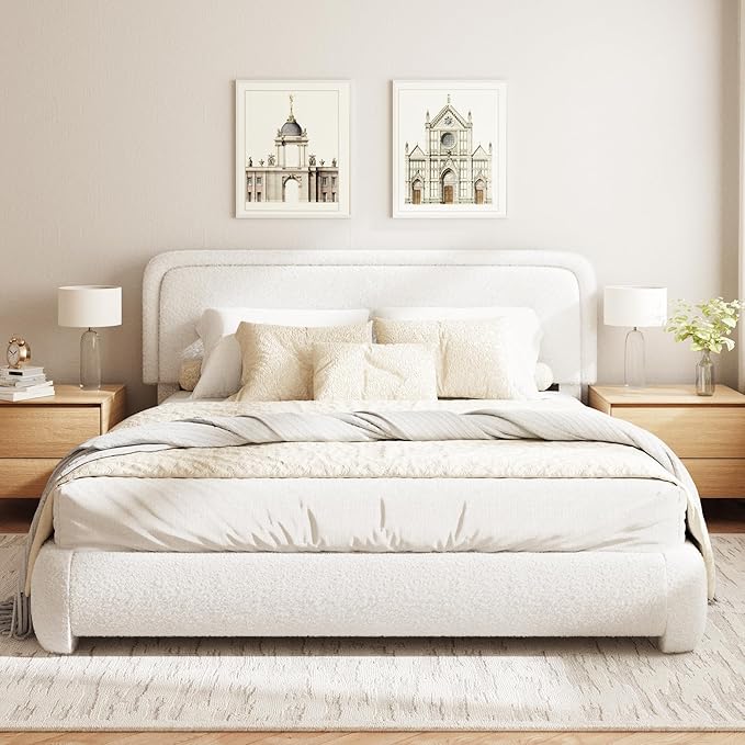 King Size Boucle Bed Frame, Cloud Upholstered Platform Bed with Height Adjustable Headboard & Soft Rounded Corners, No Box Spring Needed, Noise Free, Easy Assembly, White