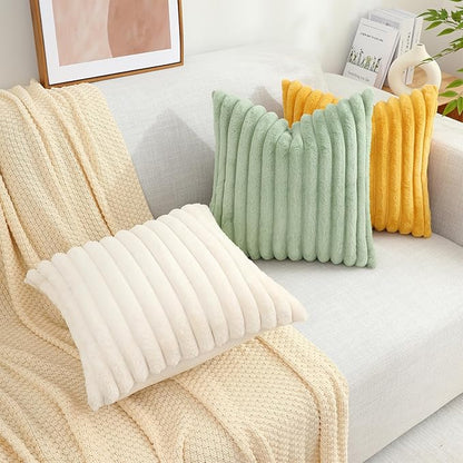 decorUhome Faux Fur Christmas Throw Pillow Covers 20x20 Set of 2, Decorative Soft Plush Striped Neutral Euro Pillow Covers with Velvet Back for Bed, Living Room Home Decor, Sage Green