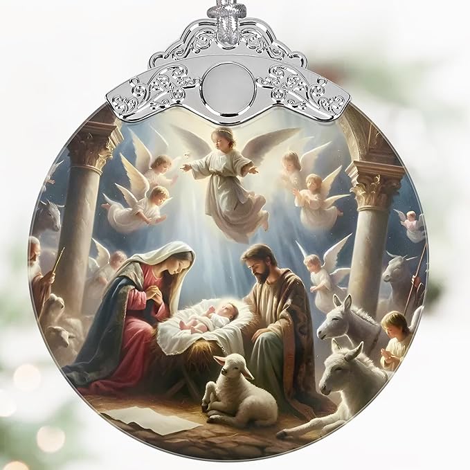 Nativity Christmas Ornaments, 3" Stained Glass Christmas Decor, Christian Ornaments for Christmas Tree, Christian Gifts for Kids, Religious Gifts for Women, Perfect for Holiday Party, Window, Tree