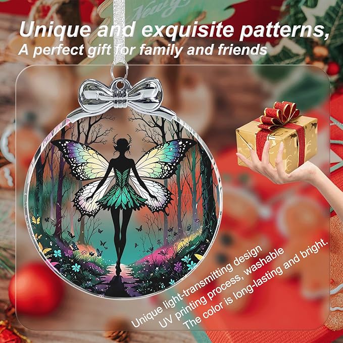 Forest Fairy Stained Glass Ornament - Hanging Ornaments for Christmas Tree, Christmas Ornaments Xmas Decorations, Holiday Keepsake Present Exchange Ideas