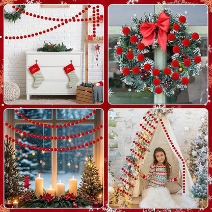 MARFOREVER 4 Pack 26.3 Ft Christmas Red Pom Pom Garland Ornaments, 30 Balls Christmas Felt Garland Hanging Supplies for Xmas Tree School Classroom Fireplace Wall Home Holiday Party Decor