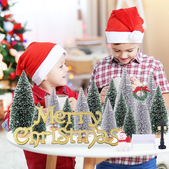 Mini Christmas Tree, Small Pine Tree with Wooden Bases for Xmas Holiday Party Home Tabletop Tree Decor (Silver/Green 30pcs)