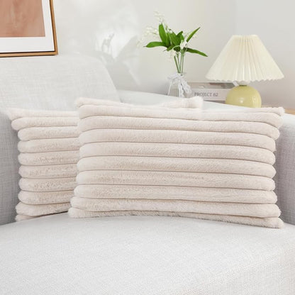 decorUhome Faux Fur Throw Pillow Covers 12x20 Set of 2, Decorative Soft Plush Striped Lumbar Neutral Euro Pillow Covers with Velvet Back for Bed, Living Room Home Decor, Beige