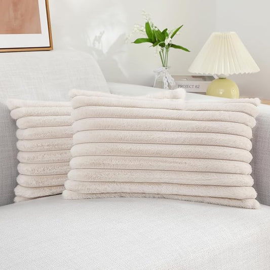 decorUhome Faux Fur Throw Pillow Covers 12x20 Set of 2, Decorative Soft Plush Striped Lumbar Neutral Euro Pillow Covers with Velvet Back for Bed, Living Room Home Decor, Beige