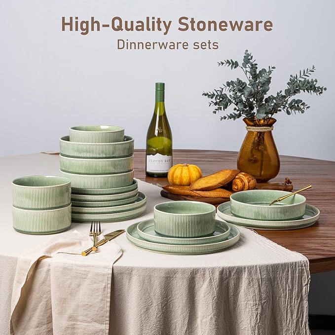 GBHOME Stoneware Dinnerware Sets for 6,Round Reactive Glaze Ceramic Plates and Bowls Set,Highly Scratch Resistant | Dishwasher & Microwave Safe Dishes Set,Service for 6(18Pcs)