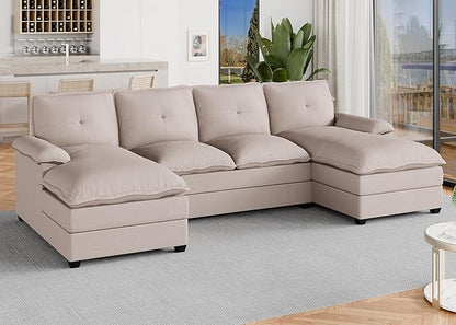 Meilocar U Shaped Sectional Sofa 4 Seat Cloud Couch Double Wide Chaise, Beige