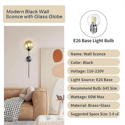 KCO Lighting Amber Glass Globe Wall Sconce Black Slim Long Arm Wall Lamp Mid Century Modern Wall Mounted Reading Light for Bedside Stairs Bathroom Mirror