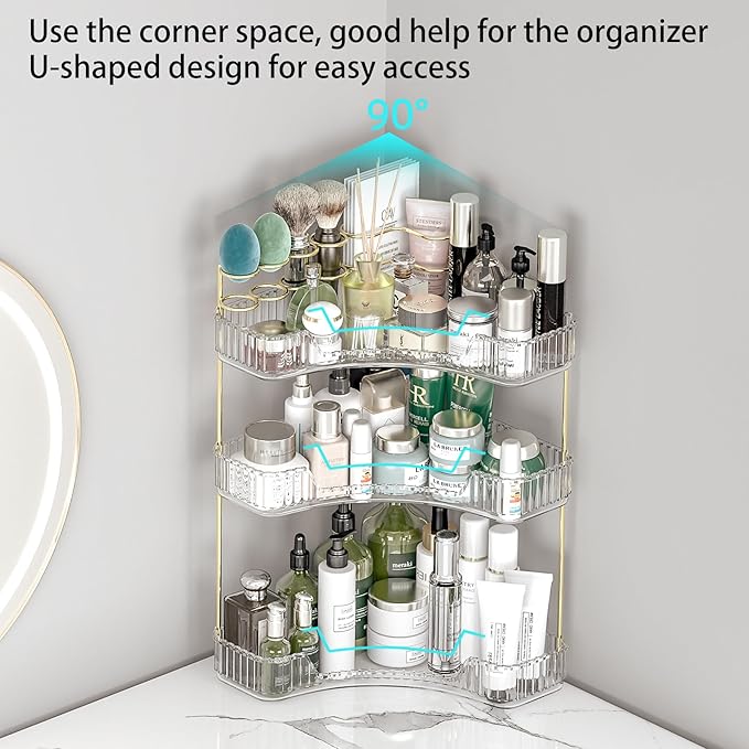 Makeup Organizer Countertop 3 Tier, Corner Bathroom Countertop Organizer with Toothbrush and Makeup Brush Holder, Corner Vanity for Skincare Organization