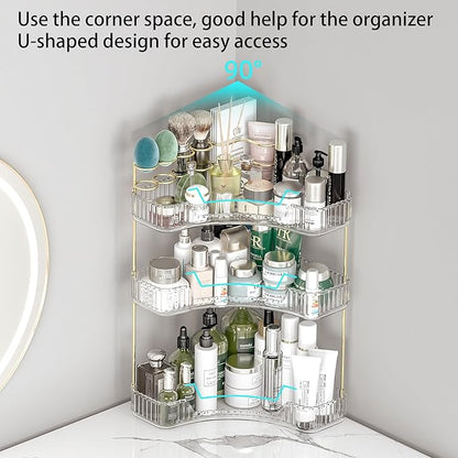 Makeup Organizer Countertop 3 Tier, Corner Bathroom Countertop Organizer with Toothbrush and Makeup Brush Holder, Corner Vanity for Skincare Organization