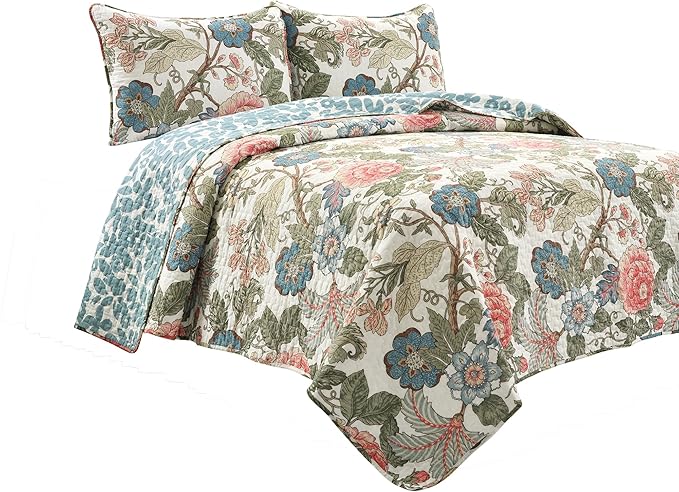 Lush Decor Sydney Reversible Cotton Quilt Set Queen 3 Piece Bedding, Green Blue
