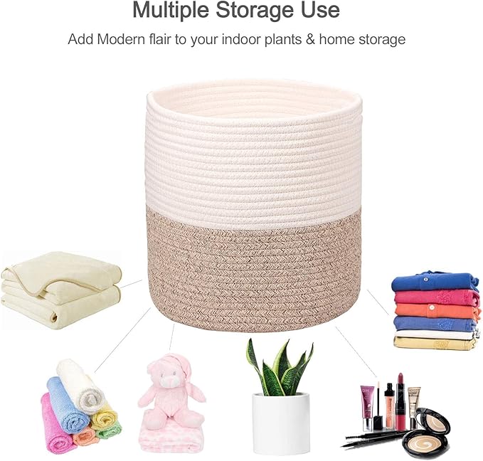 Woven Cotton Rope Plant Basket for 11 inch Flower Pot Floor Indoor Planters,Decorative Small Basket for Plants Storage Organizer Modern Home Decor (12" x 12", Khaki)