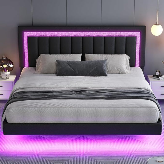 HOMBCK Floating Bed Frame King with Smart LED Lights, Faux Leather Upholstered Platform Bed with Diamond PU Headboard, No Box Spring Needed, Noise-Free, Easy Assembly, Black