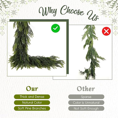 N&T NIETING 6FT Christmas Norfolk Pine Garland Real Touch Pine Artificial Faux Greenery Garlands Winter Christmas Garland for Table Mantle Fireplace Holiday Indoor Outdoor Xmas Decorations (1 Pcs)