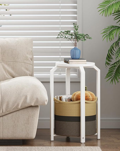 TUTOTAK Small Side Table, Round End Table, Night Stand, Bedside Table, Sofa Table with Storage Basket, Living Room, Bed Room, White and Black-Brown TB01BWK092