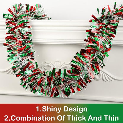 50 FT Christmas Tinsel Garland Metallic Tinsel Twist Shiny Christmas Tree Hanging Garland Decorations for Christmas Party Supplies Indoor and Outdoor Decor (Red, Green and White)