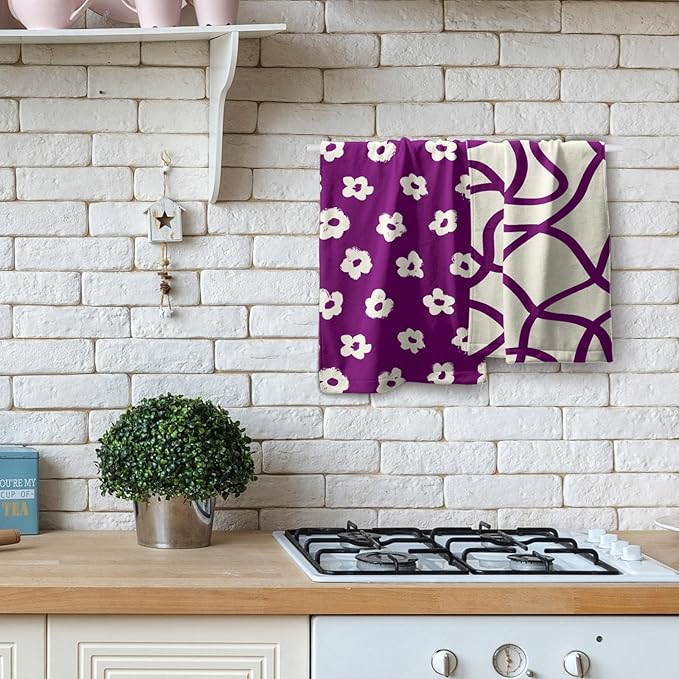 Modern Style Kitchen Towels Set of 2 Purple Floral Quick Dry Microfiber Dish Towels