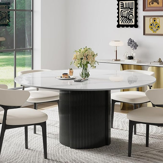 59" Modern Round Dining Table for 6, Glossy White Sintered Stone Kitchen Table with Black Fluted Metal Pedestal, for Dining Room (Table Only), Easy Assembly