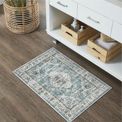 Uphome Blue Bathroom Rugs, Distressed Farmhouse Boho Bath Mat, Comfy Velvet Small Bath Rugs Non Slip Washable, Vintage Oriental Toilet Rug for Sink Shower Vanity, 18x26 inch