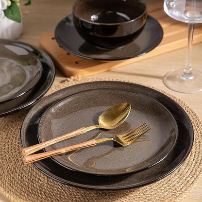 LeRatio Ceramic Dinnerware Sets for 6,Stoneware Plates and Bowls Sets,Handmade Reactive Glaze Dishes Set,Chip Resistant and Scratch Resistant | Oven&Dishwasher & Microwave Safe-Espresso Brown(18PCS)